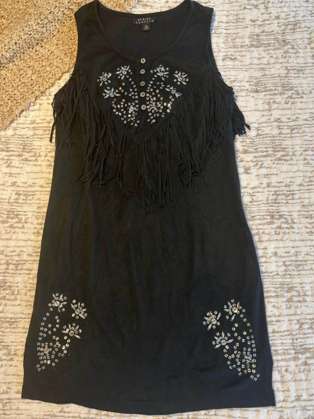 Blank Black Fringe Tank Dress with Studded Floral Accents